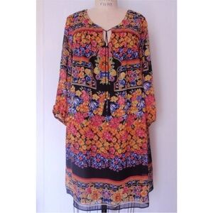 NWT New York & Company Black Pink Orange Floral 3/4 Sleeve Swing Dress